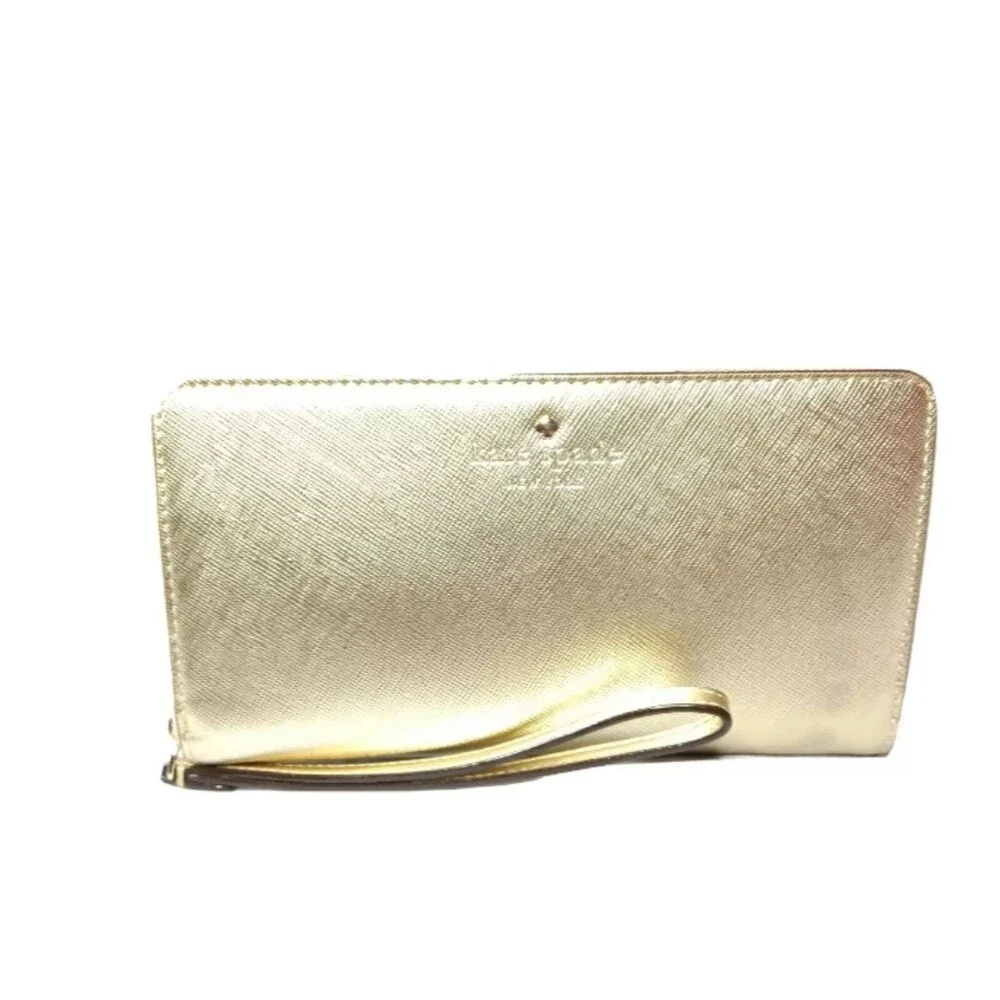 Kate Spade Large Zip Around Wallet Gold Saffiano Leather Retail $195